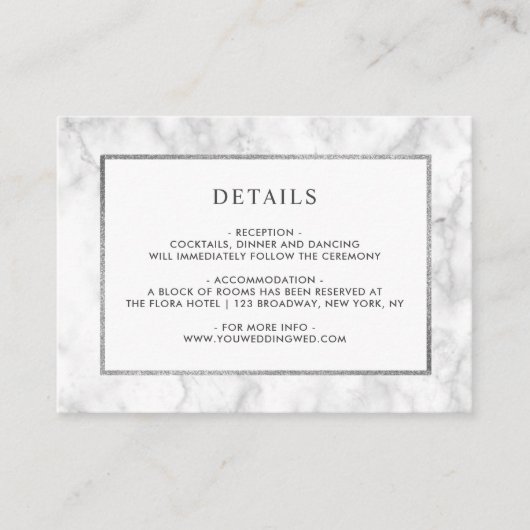 白モダン大理石結婚詳細 エンクロージャーカード (正面)