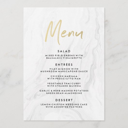 白モダン大理石金ゴールドスクリプト |のメ結婚ニュー メニュー (正面)
