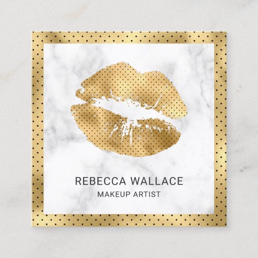 白モダン大理石金ゴールド唇メイクアップ スクエア名刺 (正面)