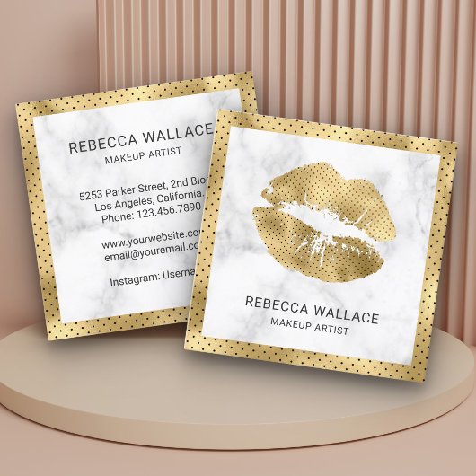 白モダン大理石金ゴールド唇メイクアップ スクエア名刺