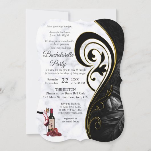 白モダン大理石&黒バチェロレッテ 招待状 (正面)