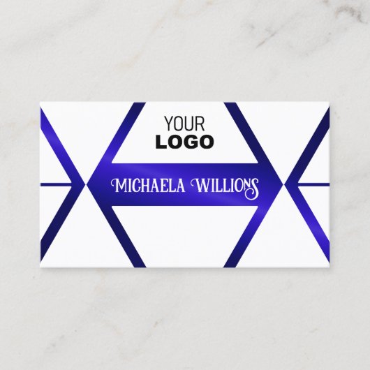 白モダン幾何学青きらめくシックとロゴ 名刺 (正面)
