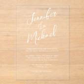 白モダン手文字のスクリプ結婚ト アクリル招待状 (正面)