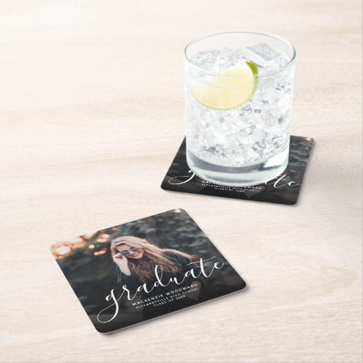 白モダン手書き写真卒業パーティー スクエアペーパーコースター (インサイチュ)