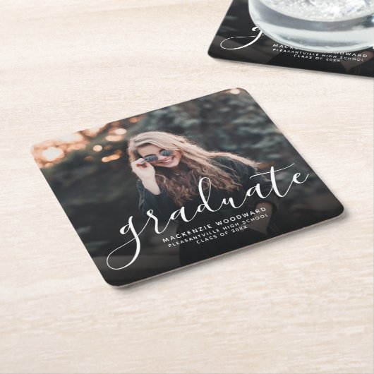 白モダン手書き写真卒業パーティー スクエアペーパーコースター (アングル)