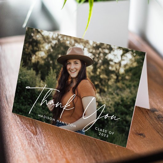 白モダン文字の写真卒業 サンキューカード