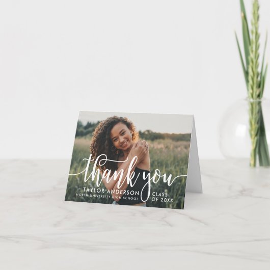 白モダン文字の卒業写真 サンキューカード (正面)