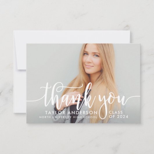 白モダン文字の卒業写真 サンキューカード (正面)