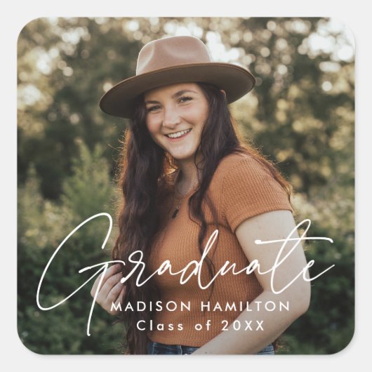 白モダン文字の卒業写真 スクエアシール (正面)