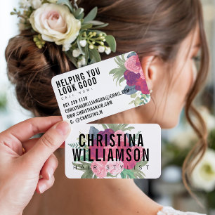 白モダン文字はっきりした赤面ピンクヴィンテージ花模様 名刺