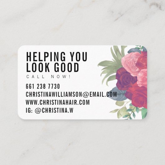 白モダン文字はっきりした赤面ピンクヴィンテージ花模様 名刺 (裏面)