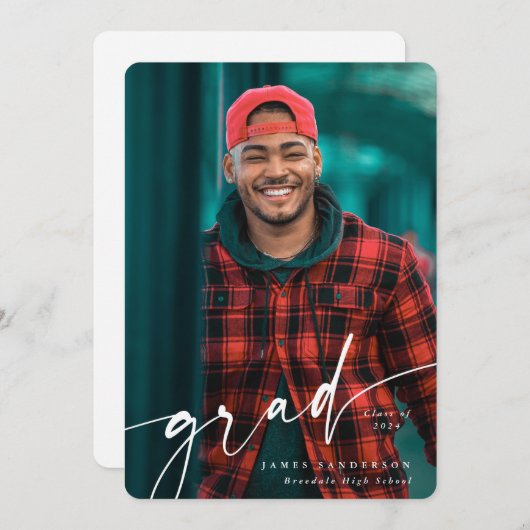 白モダン文字オーバーレイ2枚の写真卒業 案内状 (正面/裏面)