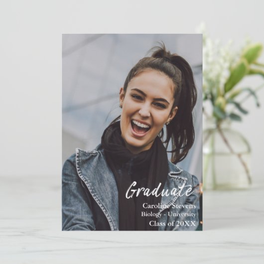 白モダン文字オーバーレイ |大学院写真 案内状 (スタンド正面)