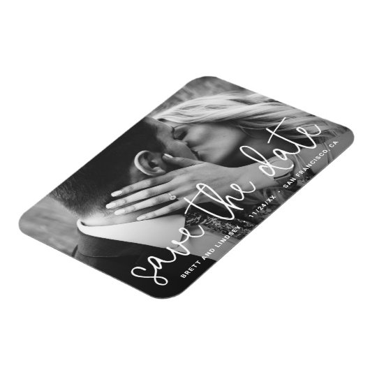 白モダン文字タイポグラフィ写真の保存日付 マグネット (左側)