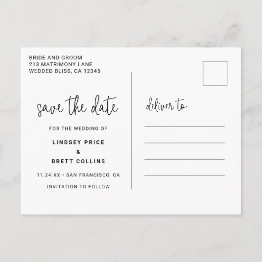 白モダン文字タイポグラフィ写真の保存日付 案内ポストカード (裏面)