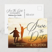 白モダン文字フォトウェディング日付の保存 案内ポストカード (正面/裏面)