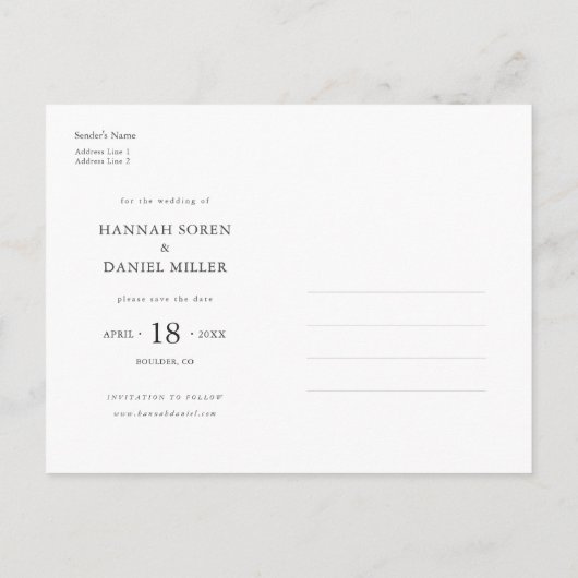 白モダン文字フォトカスタム日付の保存 インビテーションポストカード (裏面)