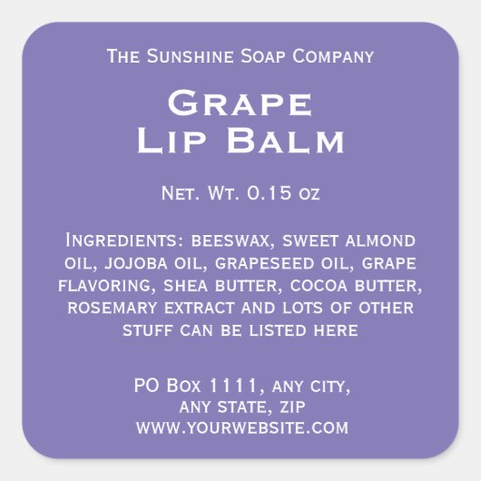 白モダン文字リップクリーム管ラベル付き紫 スクエアシール (正面)