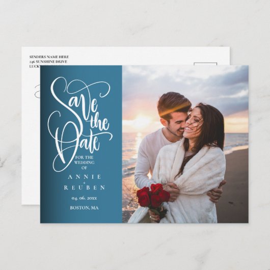 白モダン文字写エレガント真の保存 案内ポストカード (正面/裏面)