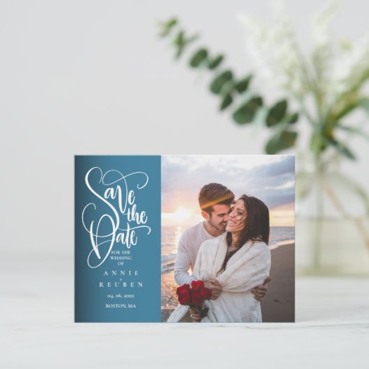 白モダン文字写エレガント真の保存 案内ポストカード (スタンド正面)