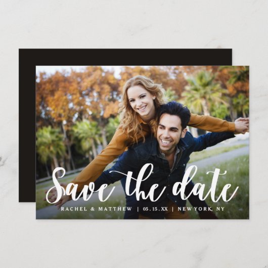 白モダン文字写真の保存日付 セーブザデート (正面/裏面)