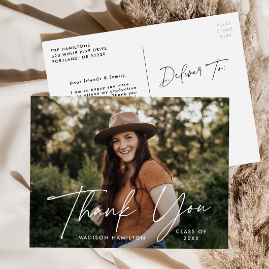 白モダン文字写真卒業ありがとう ポストカード