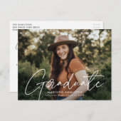 白モダン文字写真卒業パーティー インビテーションポストカード (正面/裏面)