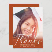 白モダン文字写真燃えオレンジ卒業 サンキューカード (正面/裏面)