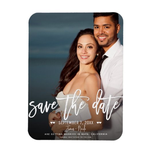 白モダン文字日付の写結婚真を保存 マグネット (縦)