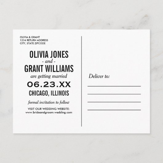 白モダン文字書の写真日付の保存 案内ポストカード (裏面)