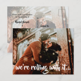 白モダン文字結婚の写真日付の保存 案内ポストカード