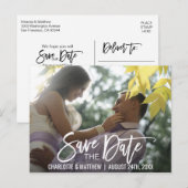 白モダン文字結婚式の日付を保存する/写真 案内ポストカード (正面/裏面)