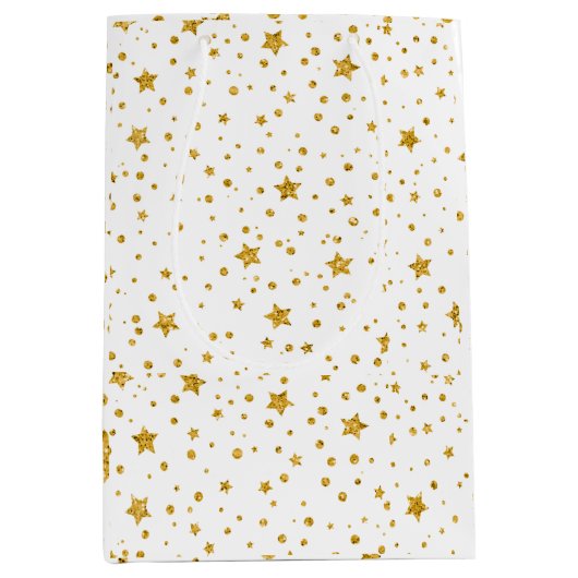 白モダン星と金ゴールド星 ミディアムペーパーバッグ (正面)