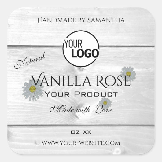 白モダン木目製品ラベルフローラロゴ スクエアシール (正面)