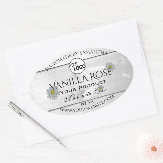 白モダン木目製品ラベルフローラロゴ 楕円形シール (封筒)