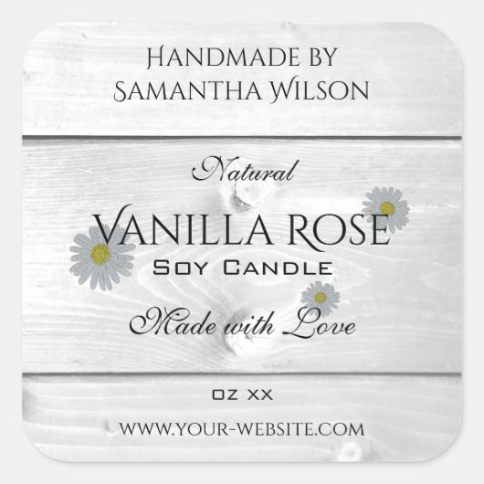 白モダン木粒製品ラベルデイジー花 スクエアシール (正面)