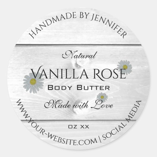 白モダン木粒製品ラベルデイジー花 ラウンドシール (正面)