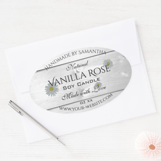 白モダン木粒製品ラベルデイジー花 楕円形シール (封筒)