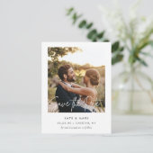 白モダン枠フォトウェディング日付の保存 ポストカード (スタンド正面)