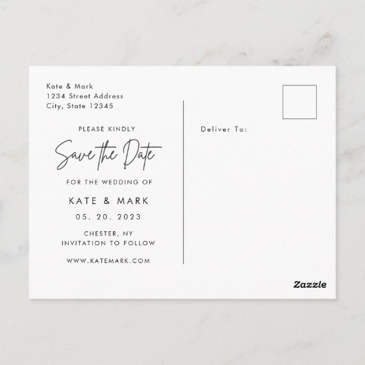 白モダン枠フォトウェディング日付の保存 ポストカード (裏面)