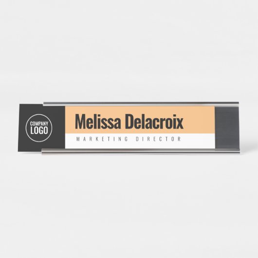 白モダン桃ブラック従業員会社ロゴ デスクネームプレート (正面)