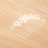 白モダン植物性バタフライ結婚アーチ アクリル招待状 (レイダウン)