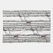 白モダン樺の木の木と赤(鳥)ショウジョウコウカンチョウの鳥 キッチンタオル (横)