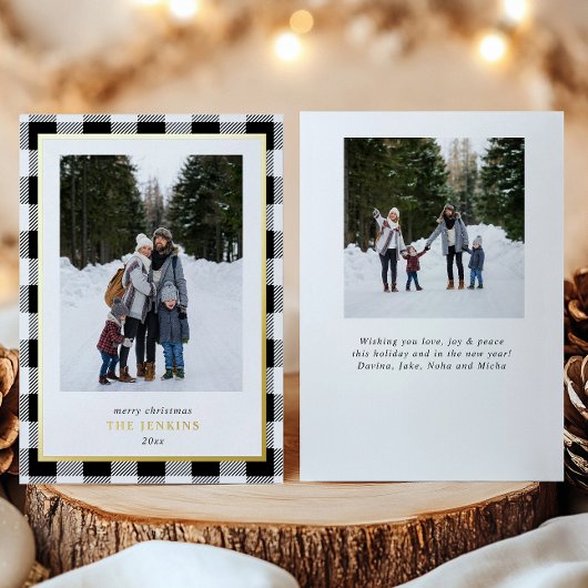 白モダン水牛プレイドクリスマスツーフォト 箔シーズンカード