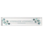 白モダン水色の葉ユーカリ デスクネームプレート (正面)