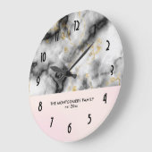 白モダン灰色の大理石と金ゴールドリボンファミリ ラージ壁時計 (傾斜)