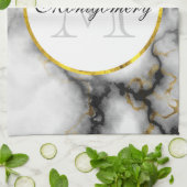 白モダン灰色の大理石と金ゴールドリボンモノグラム キッチンタオル (折り畳み)