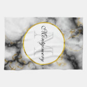 白モダン灰色の大理石と金ゴールドリボンモノグラム キッチンタオル (横)