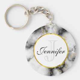 白モダン灰色の大理石と金ゴールドリボンモノグラム キーホルダー