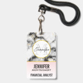 白モダン灰色の大理石と金ゴールドリボンモノグラム バッジ (ストラップ付き裏面)